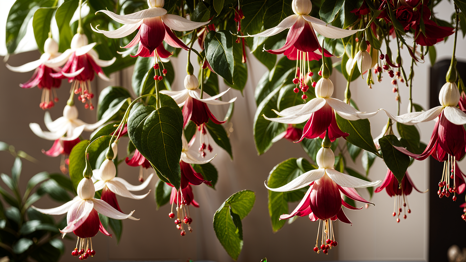 Fuchsia magellanica in a suspended planter, indoor décor, under clear lighting, 4k resolution.