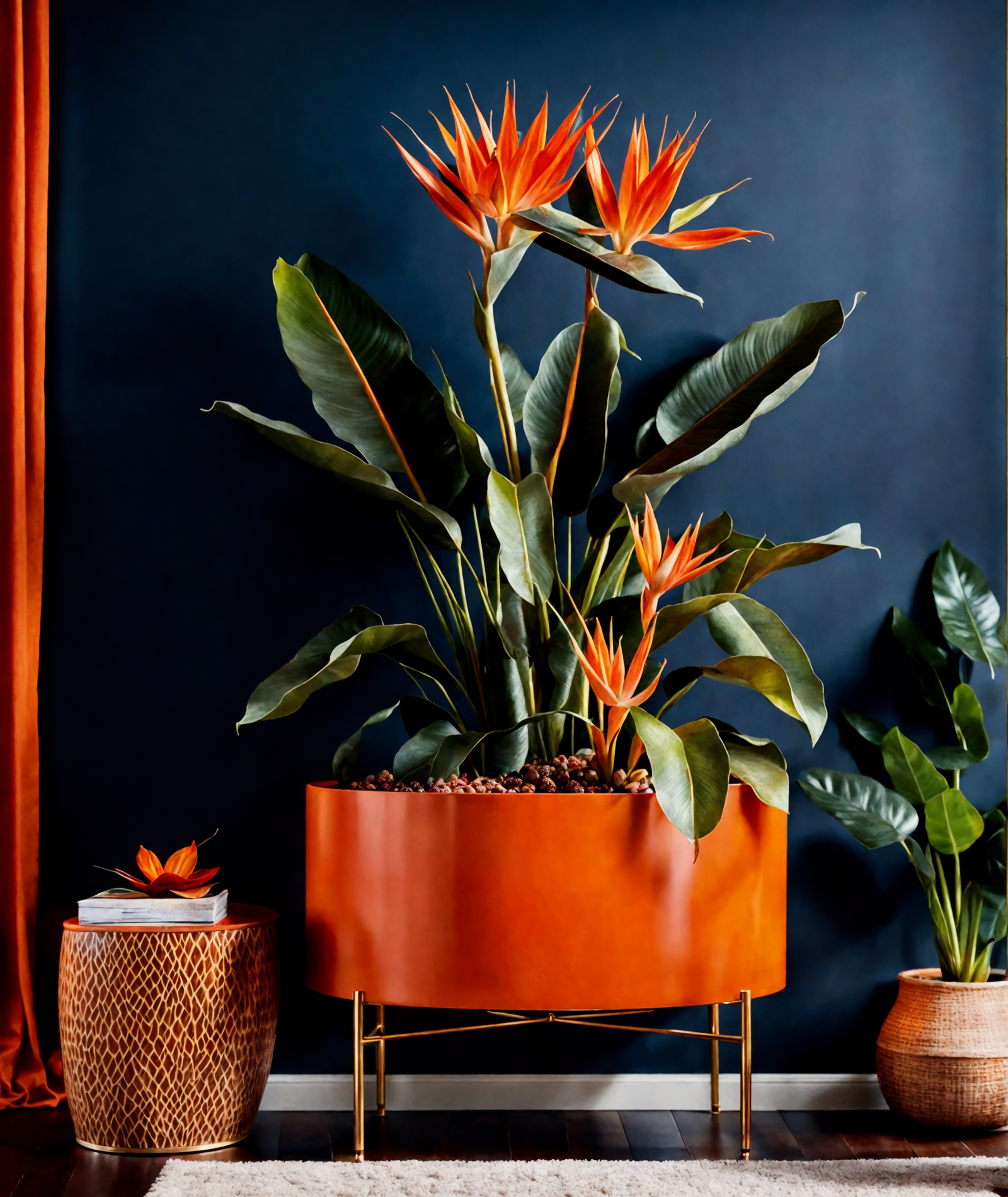 Strelitzia reginae, or Bird of Paradise, in a sleek vase against a contemporary interior backdrop.