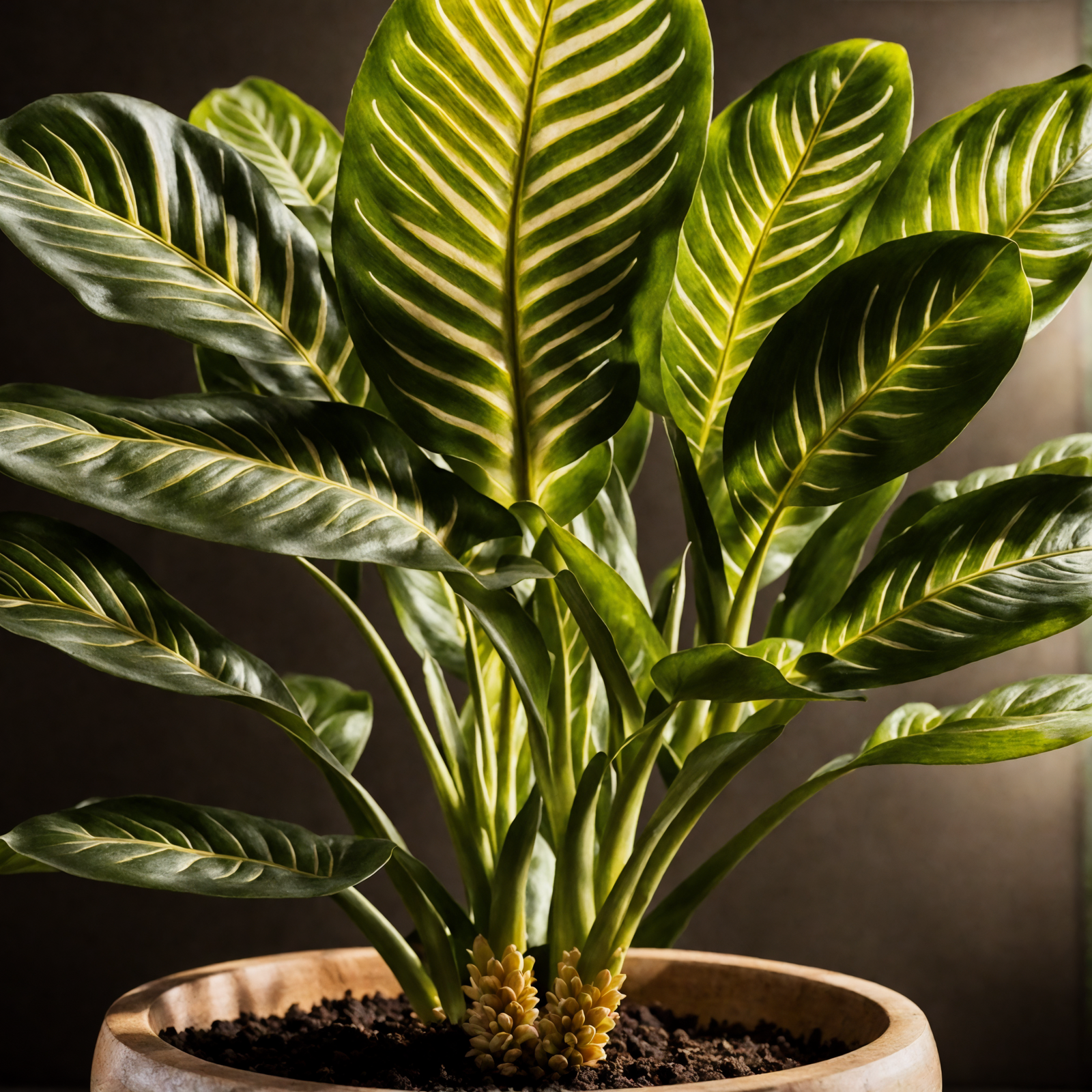 Dieffenbachia seguine in a planter, with lush leaves, against a dark background, in clear indoor lighting.