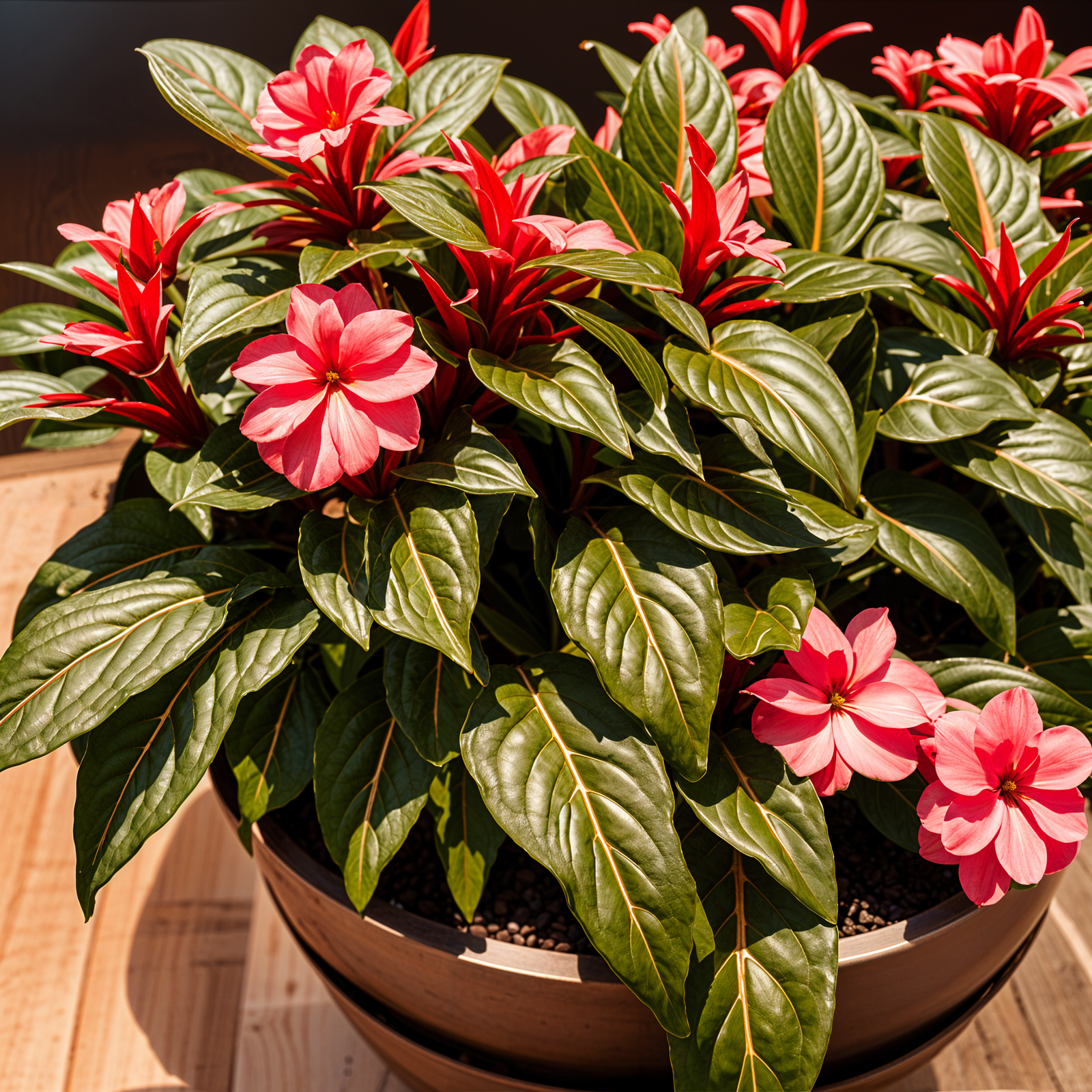 Impatiens hawkeri plant with flower in a planter, set against a dark background in clear indoor lighting.