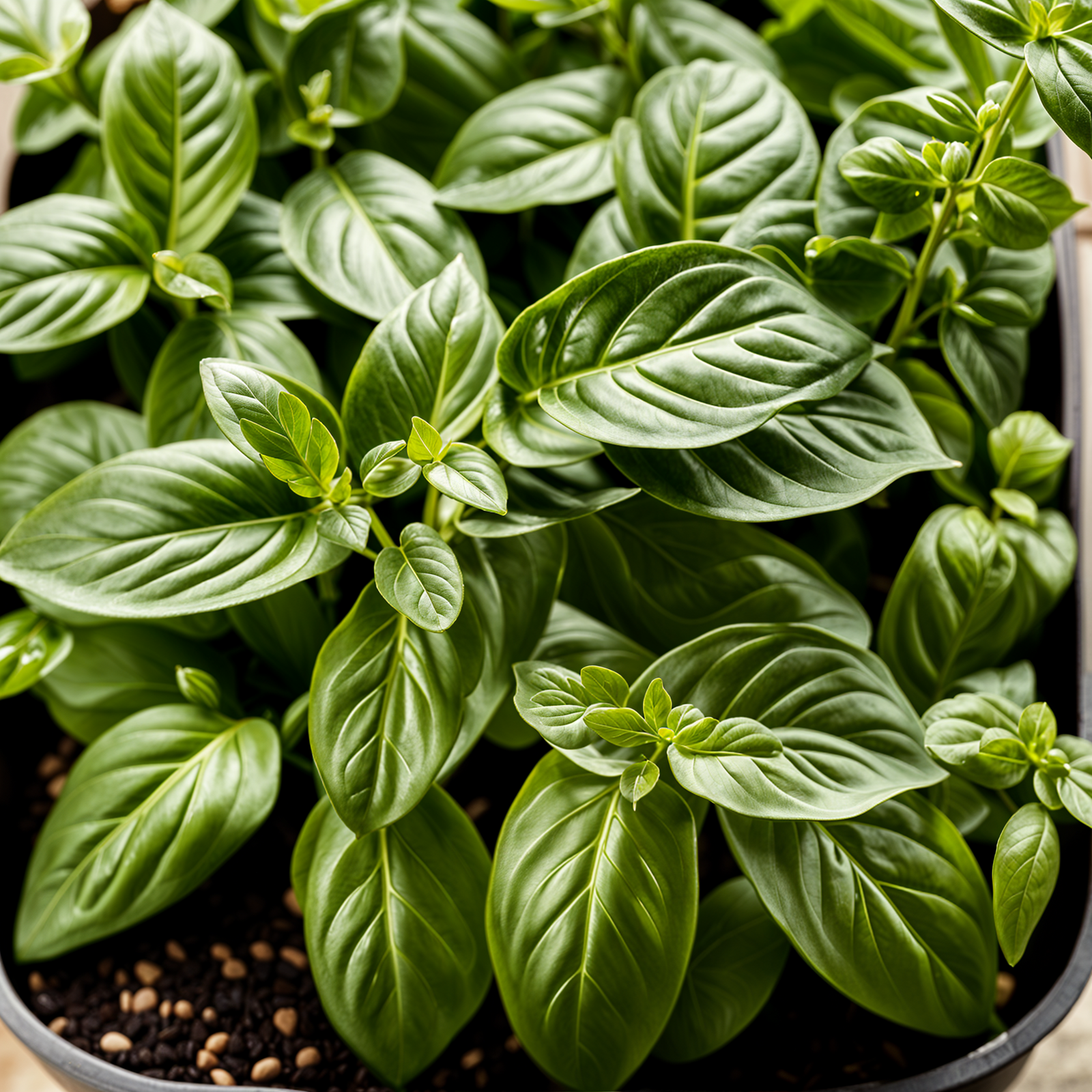 Highly detailed Ocimum basilicum (basil) plant in a planter, with clear lighting and a dark background.