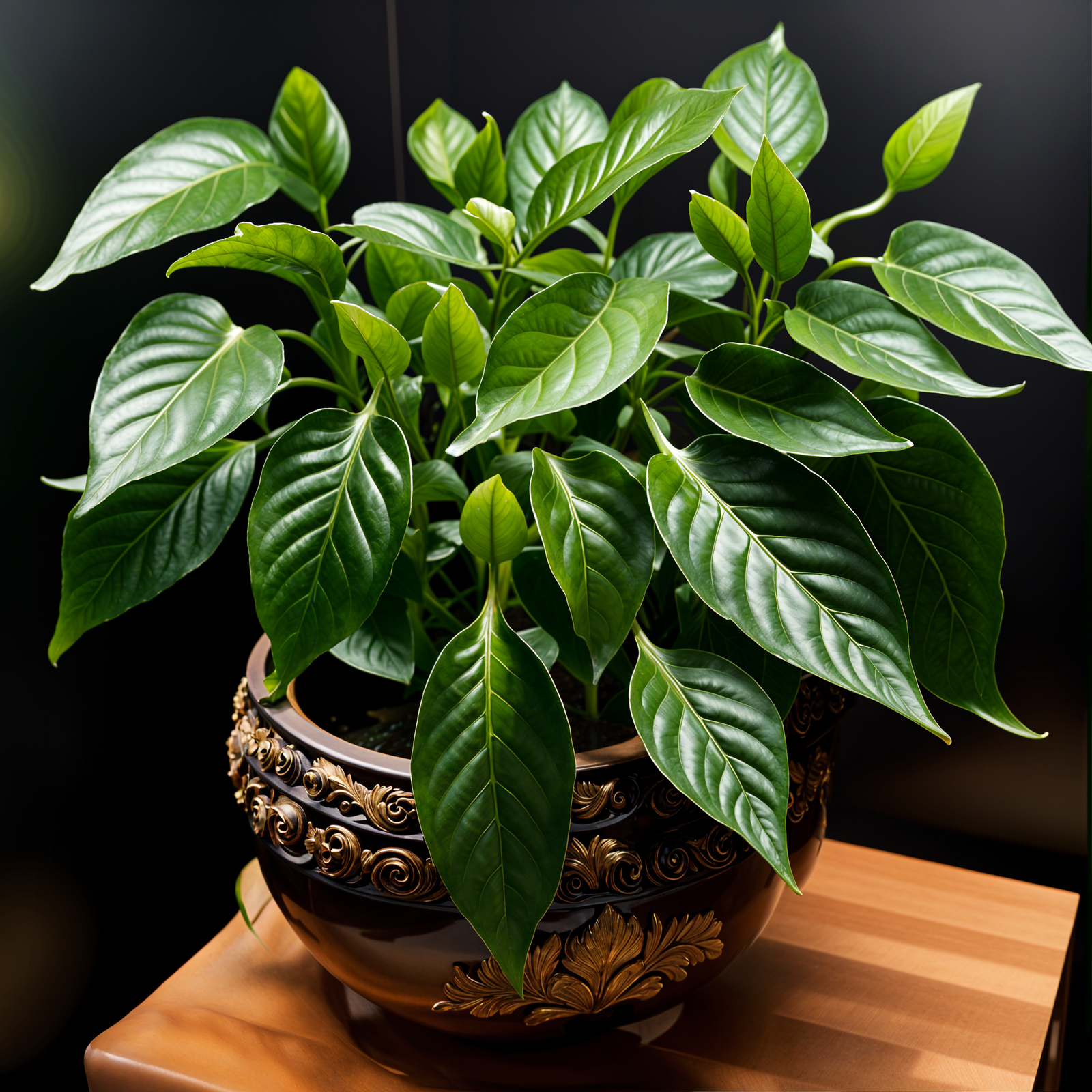 Capsicum annuum plant in a planter, with detailed leaves, under clear indoor lighting.