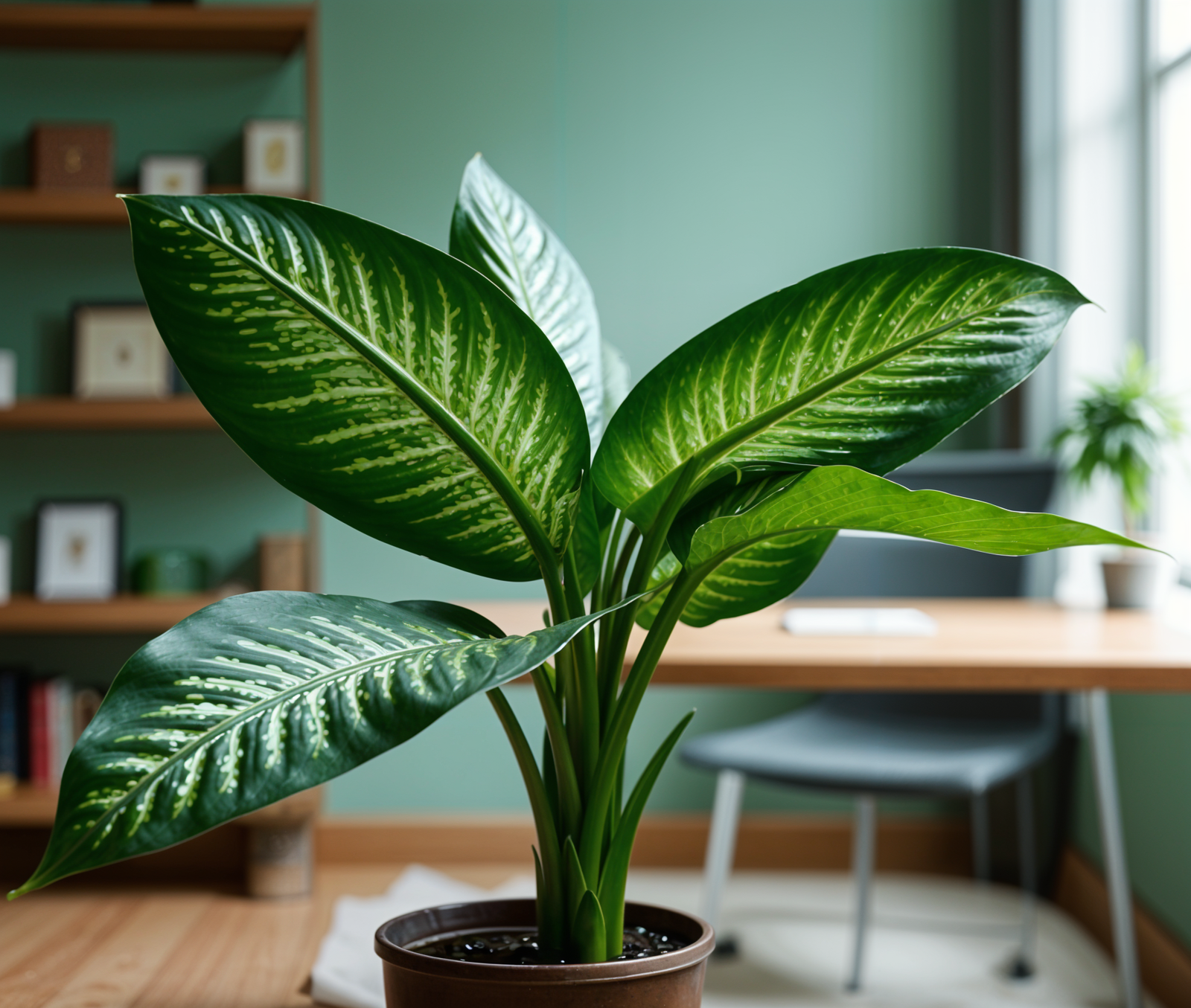 A large green Dieffenbachia plant in a brown pot on a modern desk.
