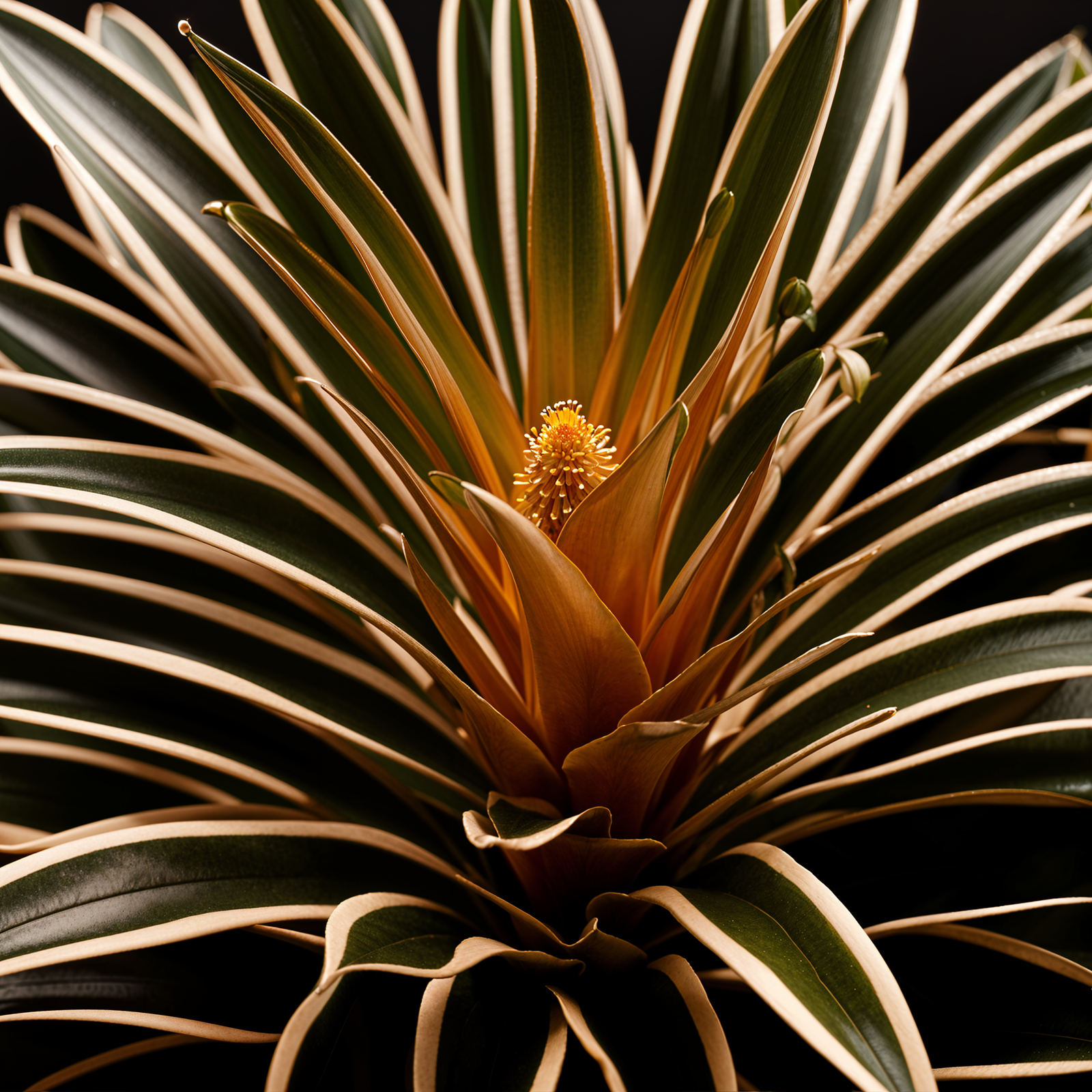 Highly detailed Ananas comosus (pineapple plant) in a planter, with clear indoor lighting.