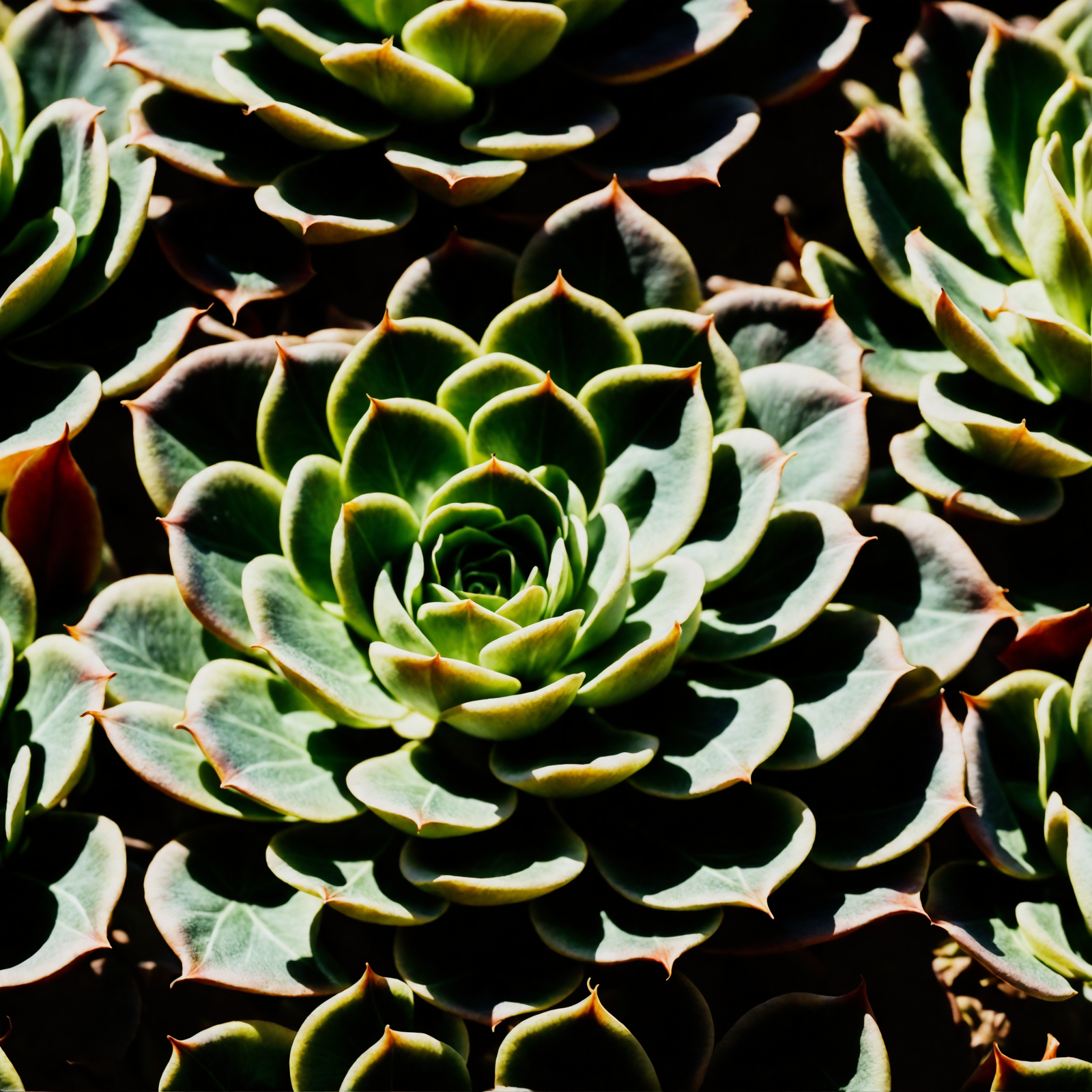 Echeveria secunda in a planter, with a dark background, clear lighting, and neutral-toned leaves.